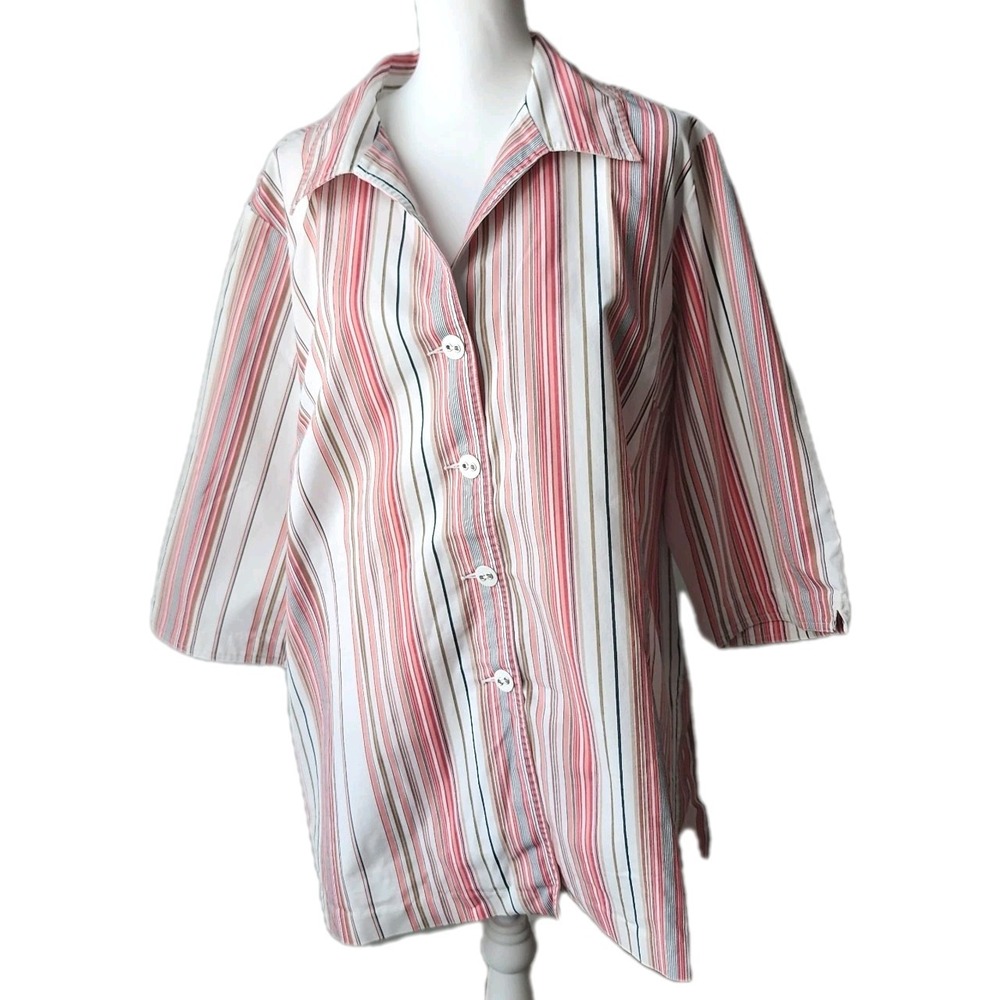 Susan Graver‎ Women's Plus Shirt 2X Pink Stripe Cotton Casual Career Comfort